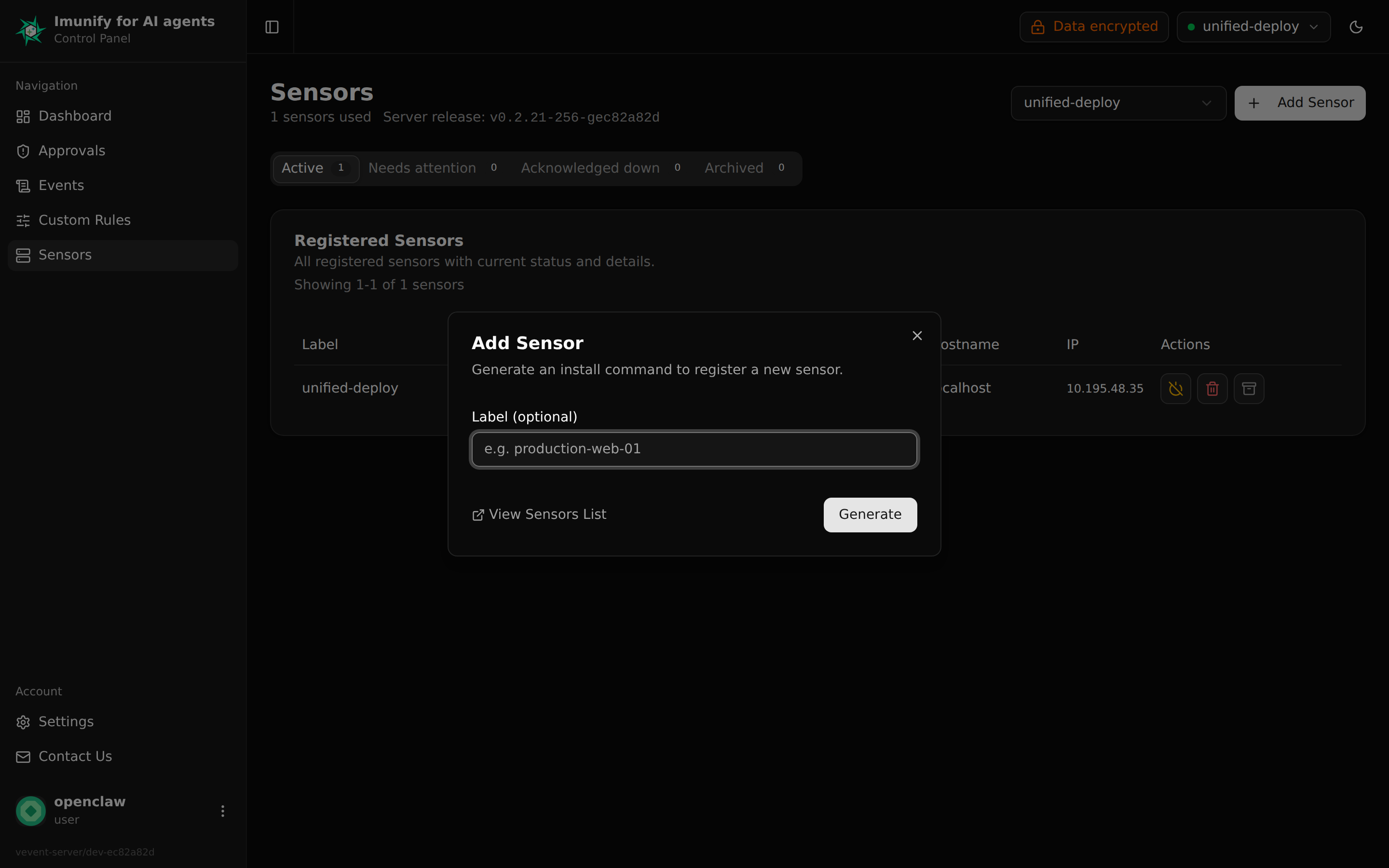 The Add Sensor dialog in the Panel, with an optional label field and a Generate button