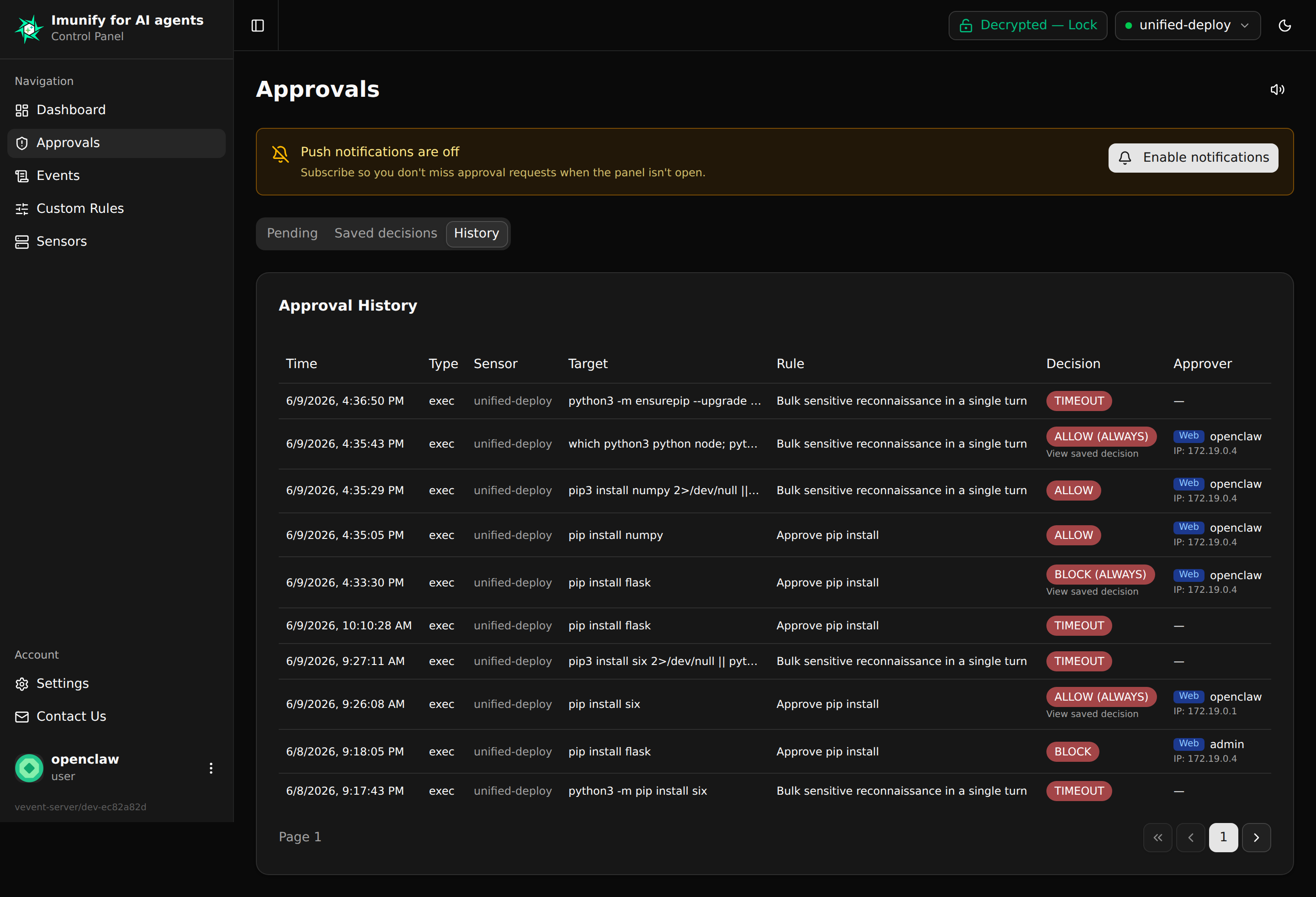 The Approvals page History tab showing past allow and block decisions with approver attribution