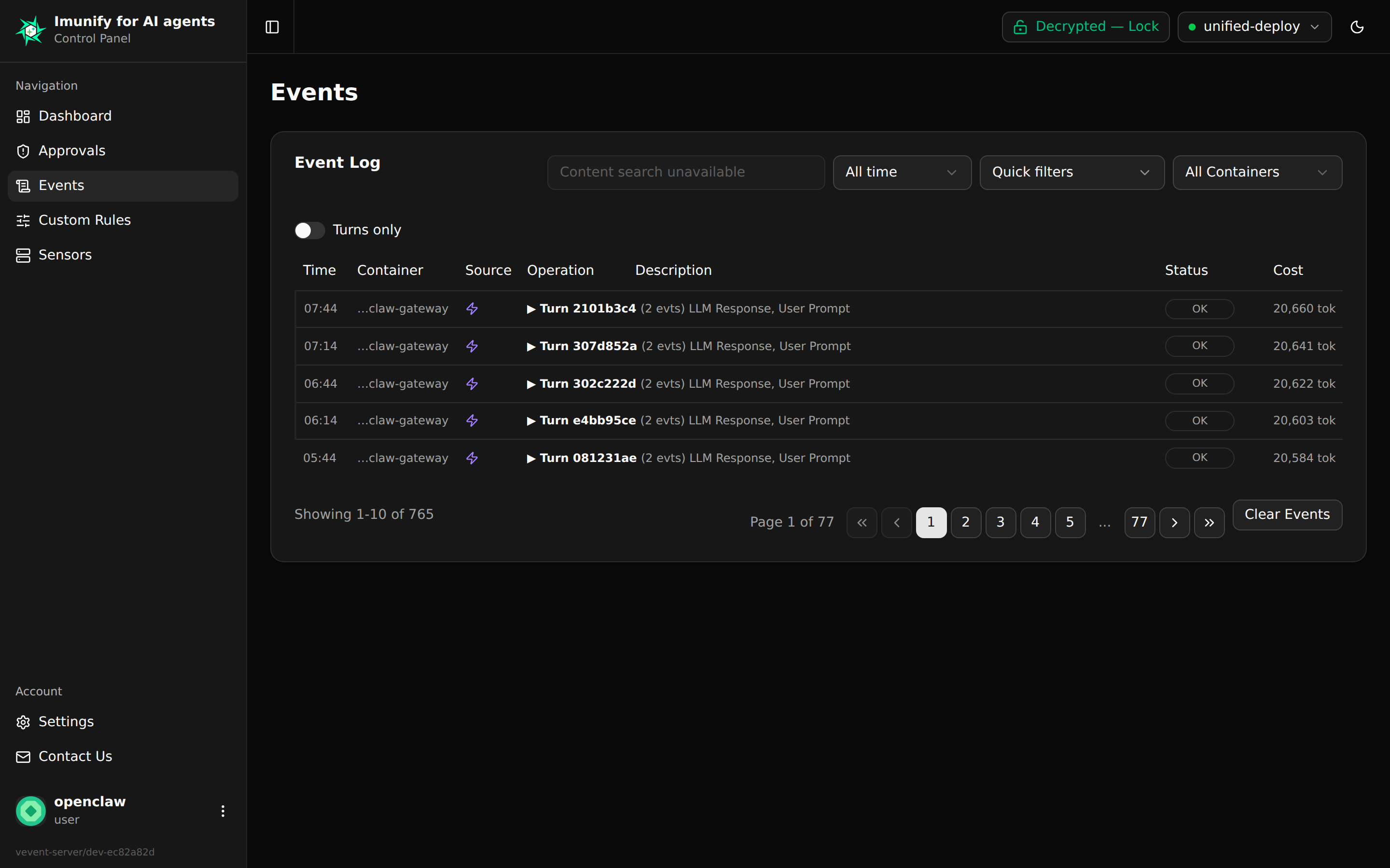 The Events log showing rows of AI-agent activity with decision badges