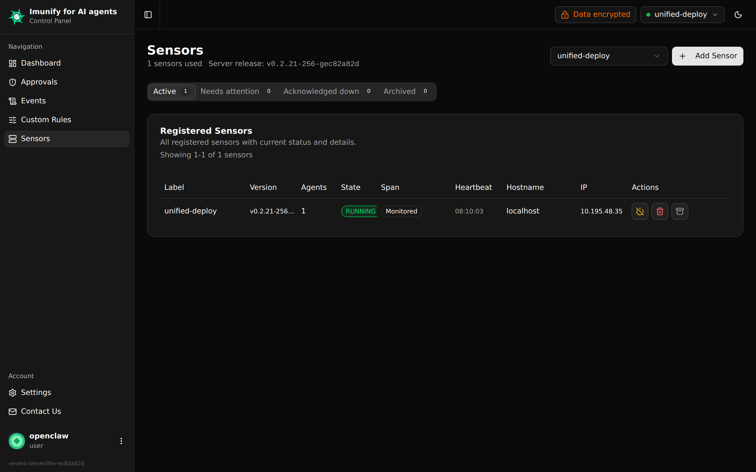The Sensors page listing a registered sensor with a green RUNNING status and capability pills